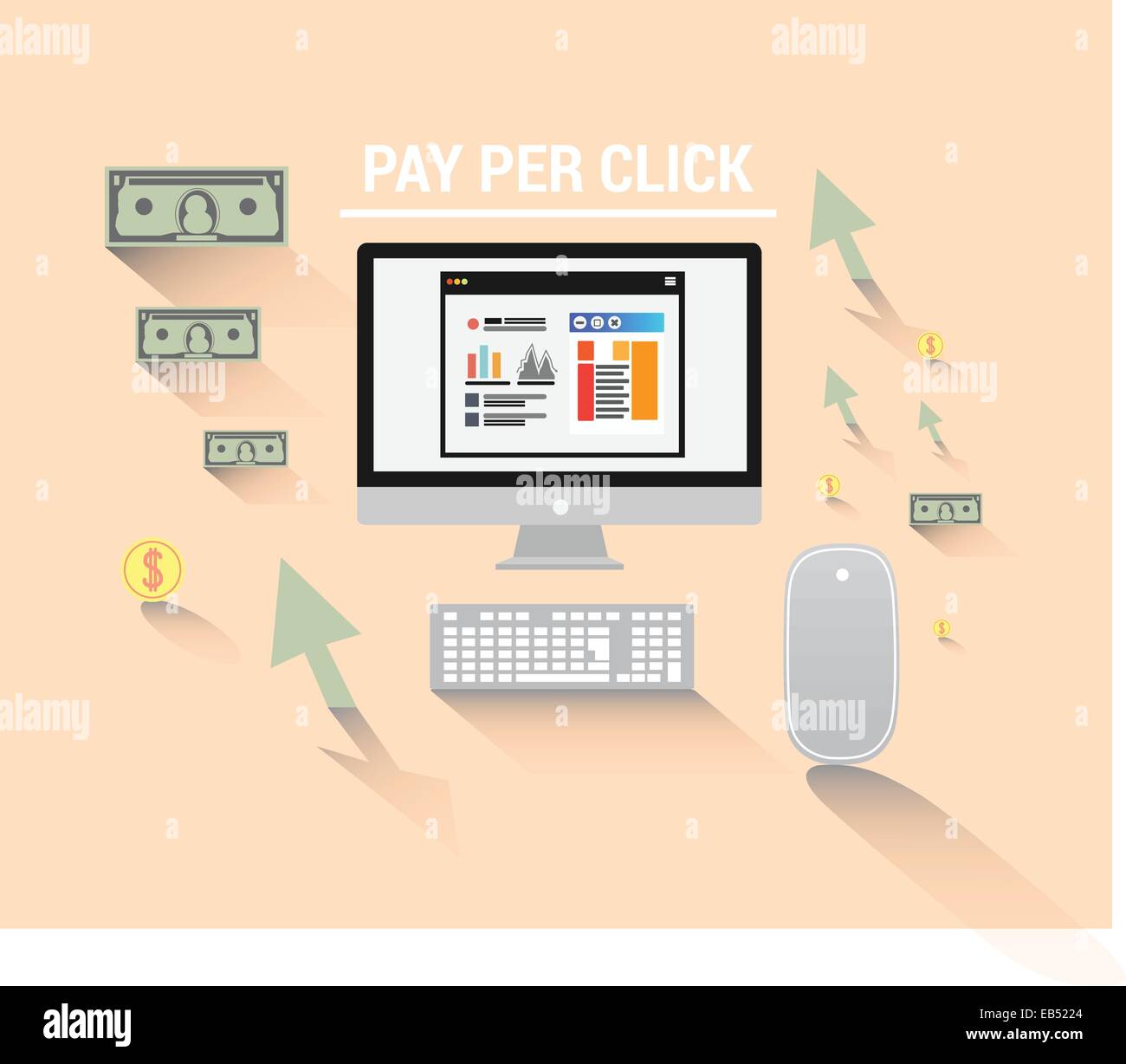 Pay-per-Klick-Vektor mit Computer und US-Dollar Stock Vektor