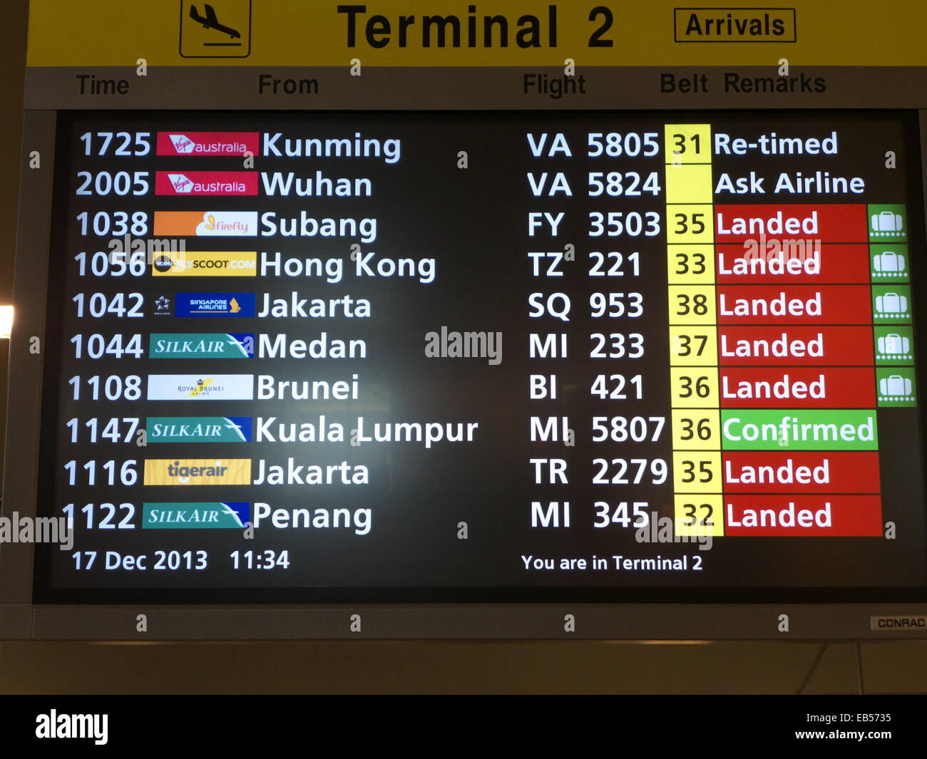 Singapur Changi Flughafen Zeitplan von Fluginformationen Stockfoto