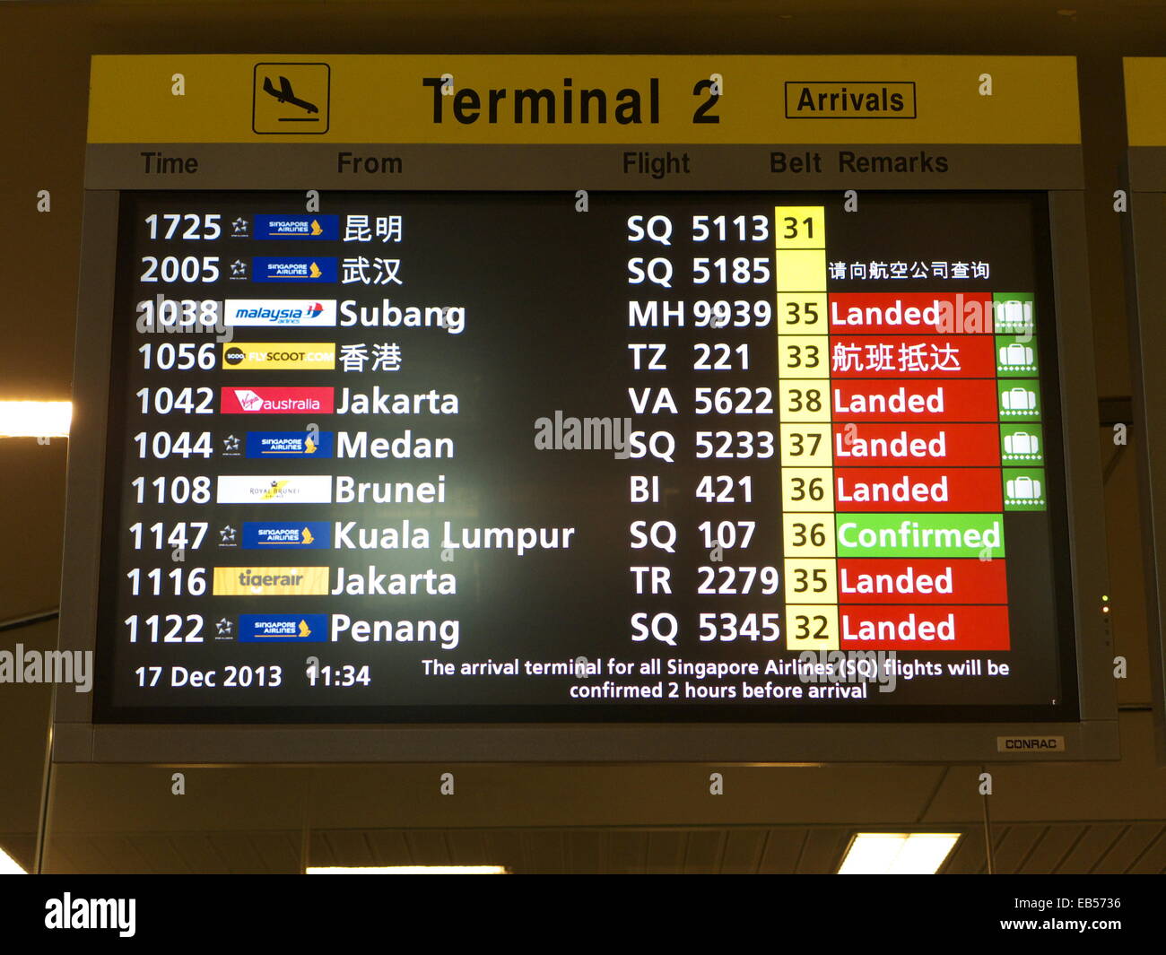 Singapur Changi Flughafen Zeitplan von Fluginformationen Stockfoto