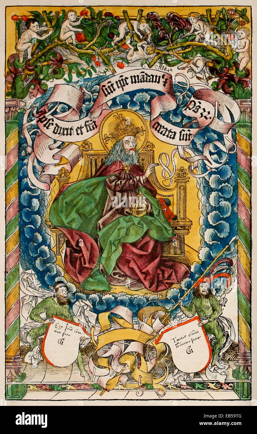 Gottvater thront. Frontispiz von "Liber Chronicarum" von Hartmann Schedel (1440-1514), Holzschnitt von Michael Wolgemut (1434-1519). Siehe Beschreibung für mehr Informationen. Stockfoto