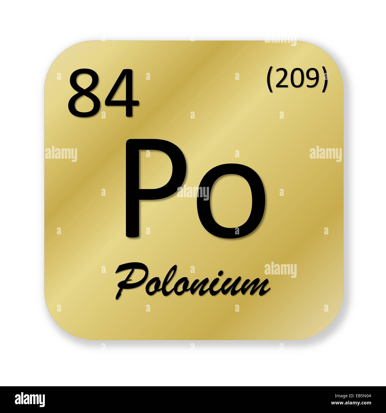 Schwarzen Polonium Element in goldene quadratische Form, die in weißen Hintergrund isoliert Stockfoto