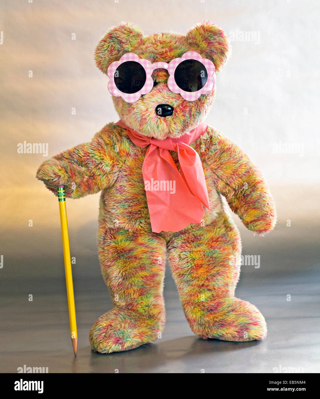 Ein Teddybär in Sonnenbrille gekleidet und trägt einen Stock Stockfoto