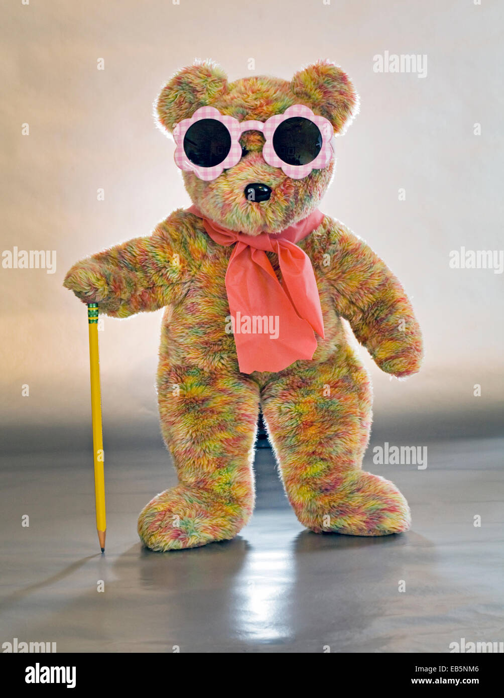 Ein Teddybär in Sonnenbrille gekleidet und trägt einen Stock Stockfoto