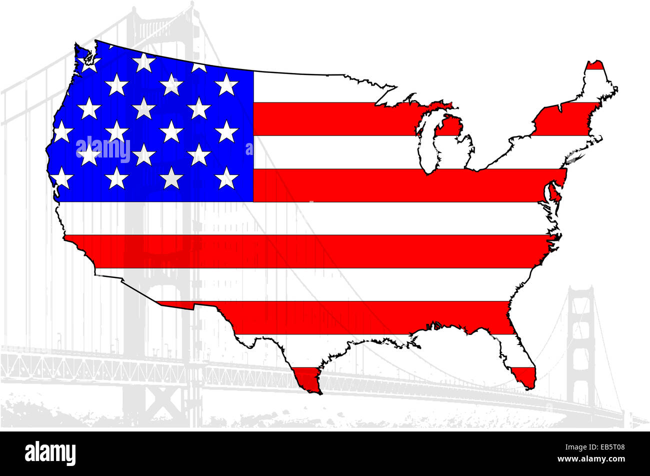 Karte der USA mit Flagge und Brücke Stockfoto
