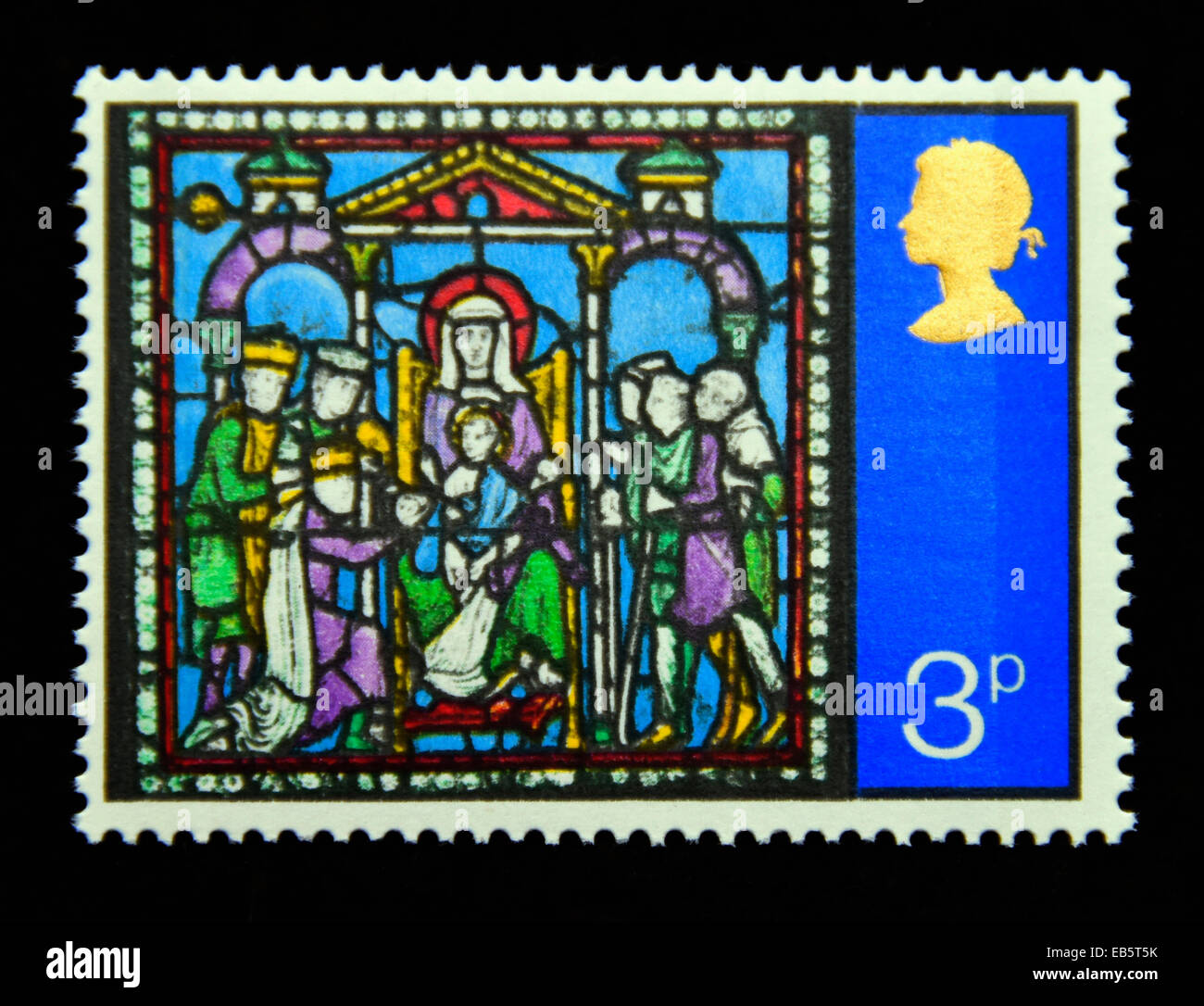 Briefmarke. Great Britain. Königin Elizabeth II. Weihnachten 1971. Anbetung der Könige. 3p. Stockfoto