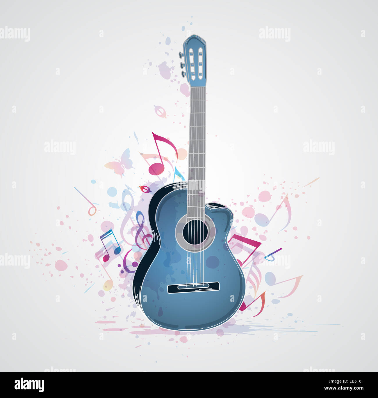 Zusammenfassung Musikhintergrund mit Gitarre und Noten Stockfoto