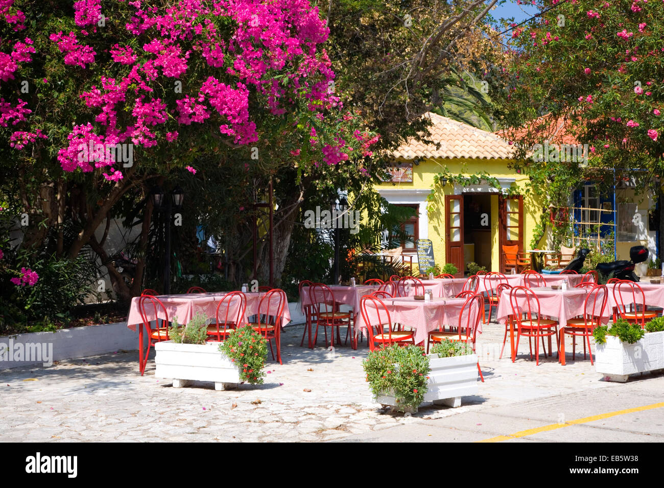ASOS, Kefalonia, Ionische Inseln, Griechenland. Bunte Taverne auf dem Dorfplatz, Bougainvillea Prominente. Stockfoto