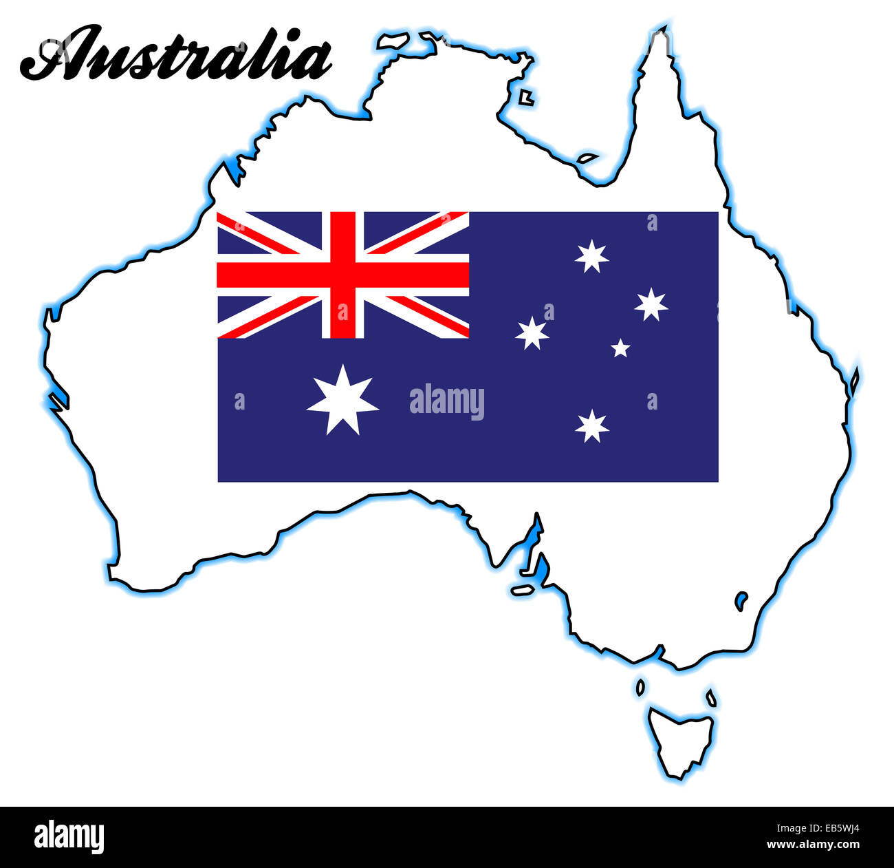 Der Umriß von Australien über einen weißen Hintergrund mit Flagge Stockfoto
