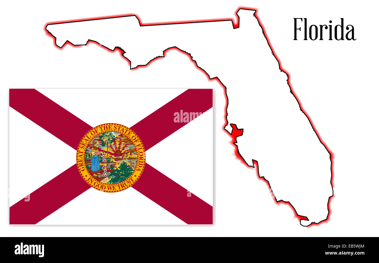 Überblick über die Karte von Florida isoliert auf weiss mit Fahne Stockfoto