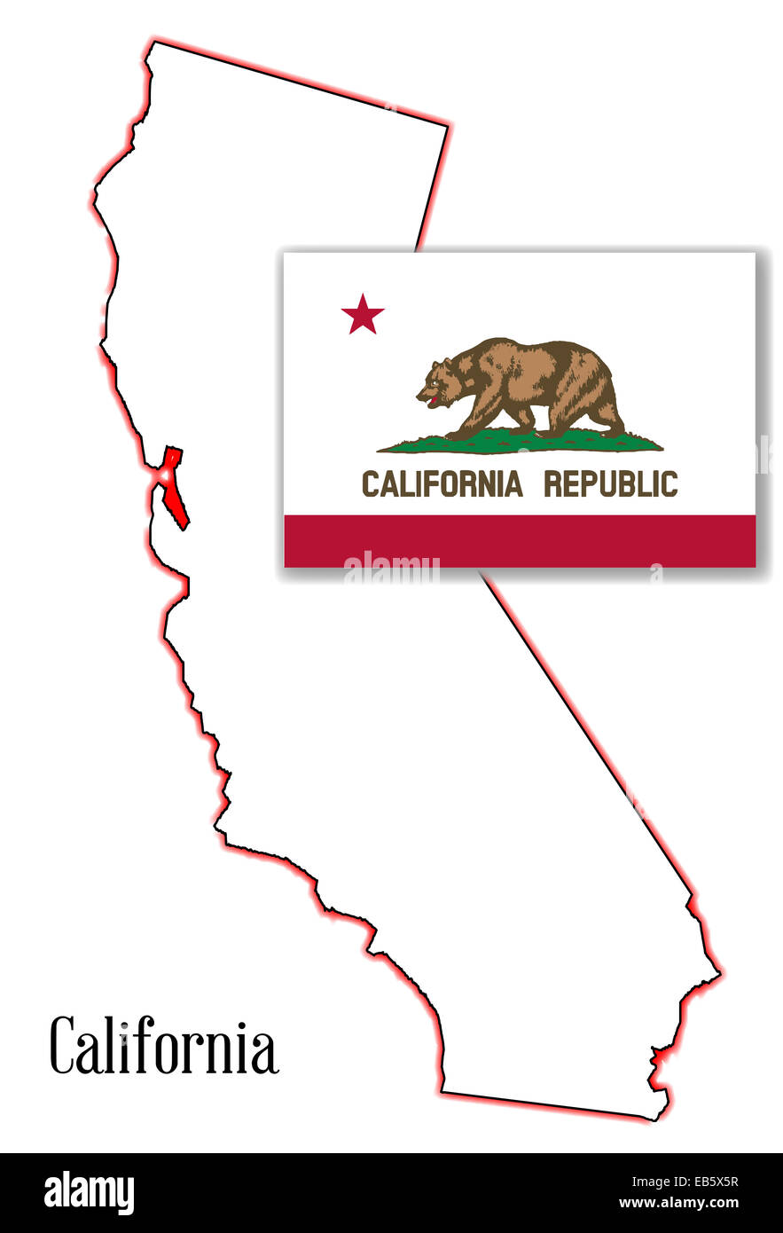 Zustand Karte von Kalifornien über einen weißen Hintergrund mit Flagge Inset Stockfoto