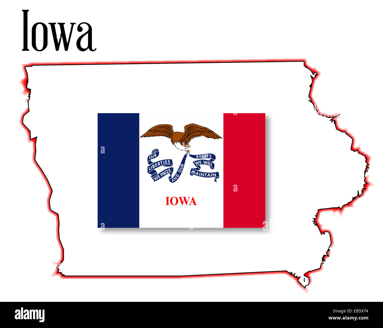 Übersichtskarte des Staates Iowa über einen weißen Hintergrund mit Flagge Inset Stockfoto