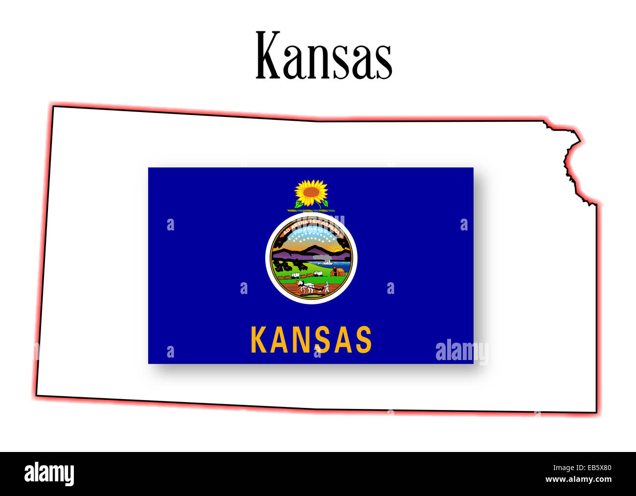 Der Umriß der Bundesstaat Kansas in weiß mit Flagge Stockfoto