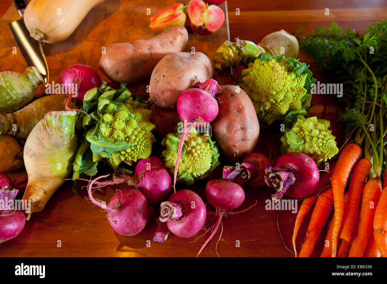 Lebensmittelgruppe Herbstgemüse wie Romanesco Brokkoli Karotten Rüben Süßkartoffeln und Kürbis Stockfoto