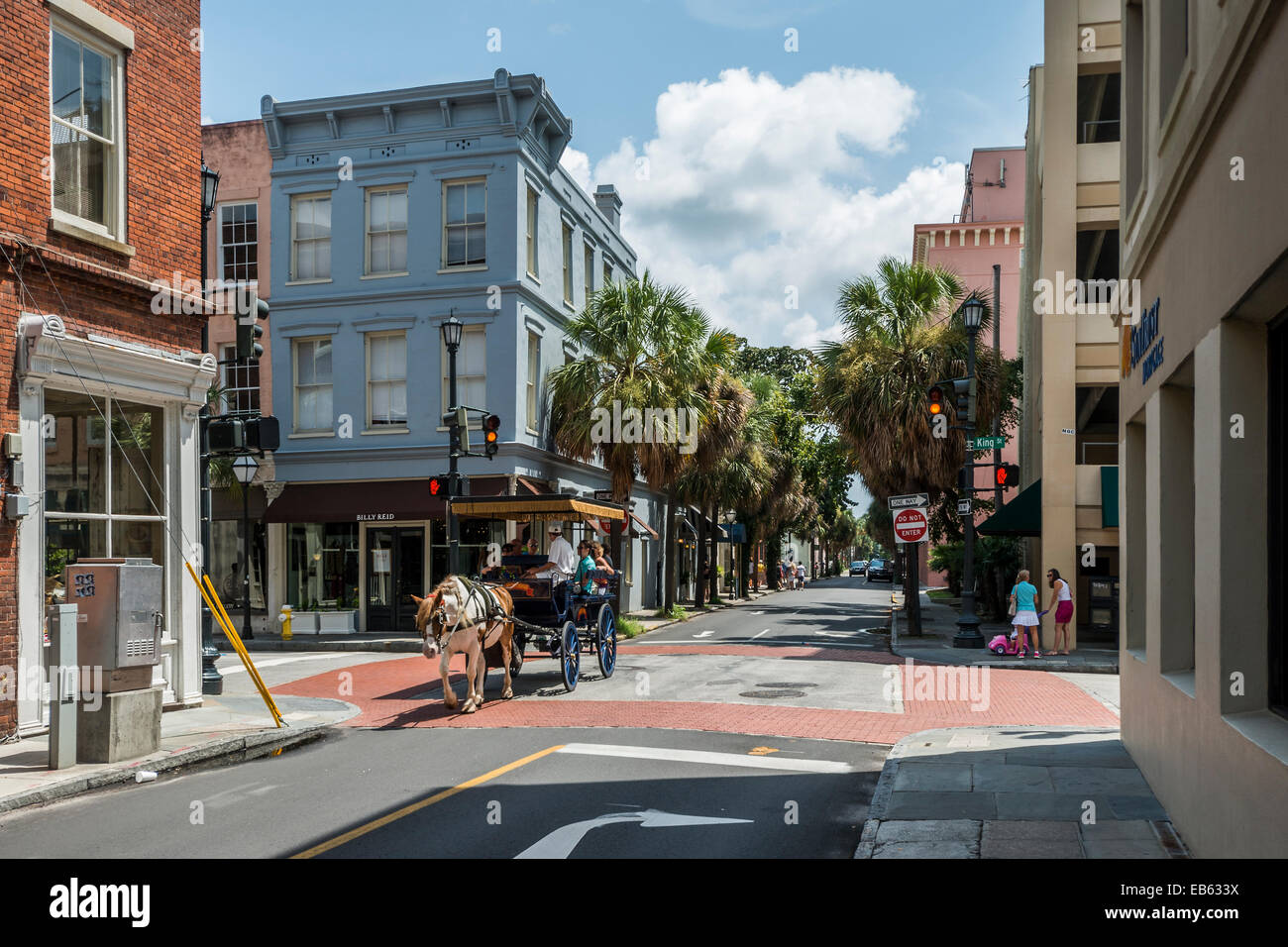 Ein Pferd und Wagen, die die Touristen durch Charleston, entdecken, dass es reiche Geschichte ist. Stockfoto