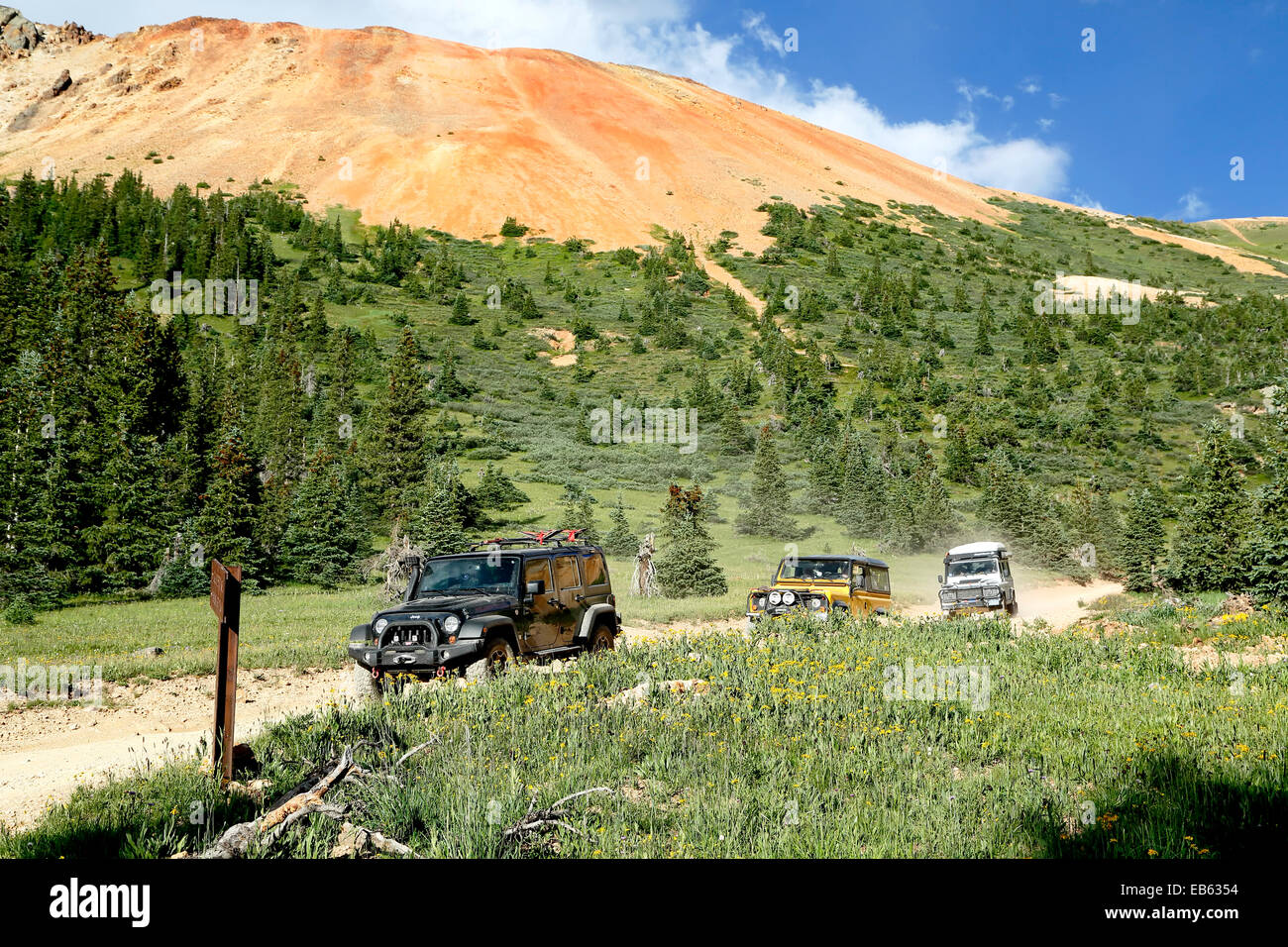 Red Mountain Nr. 1 und Jeeps, Corkscrew Gulch, in der Nähe von Ouray, Colorado USA Stockfoto
