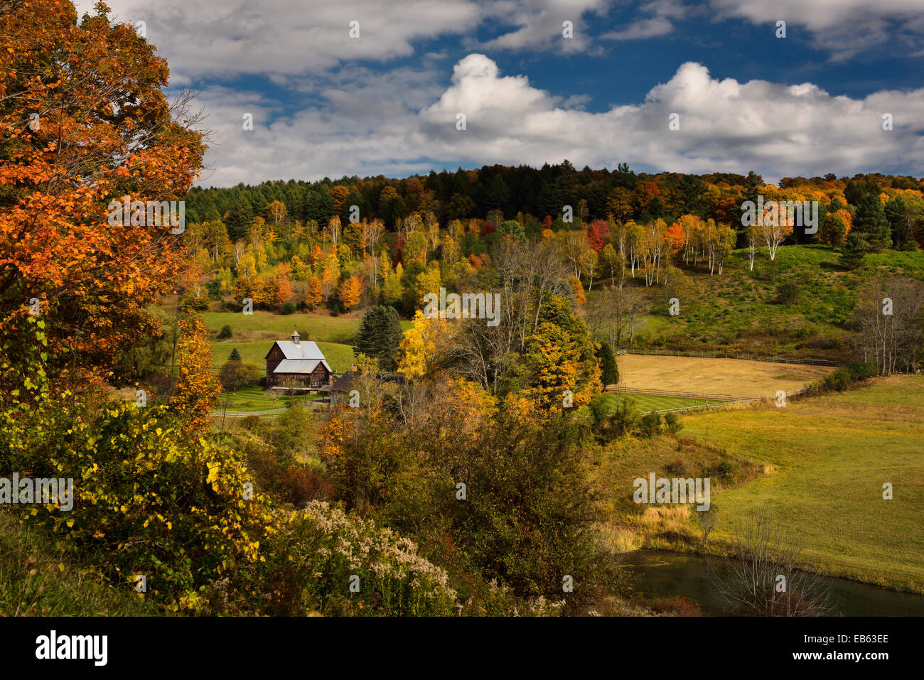 Farben des Herbstes Baum mit Sonne auf Sleepy Hollow Farm Homestead auf Cloudland Road Woodstock Vermont USA mit Bäumen in bunten Herbstfarben Stockfoto