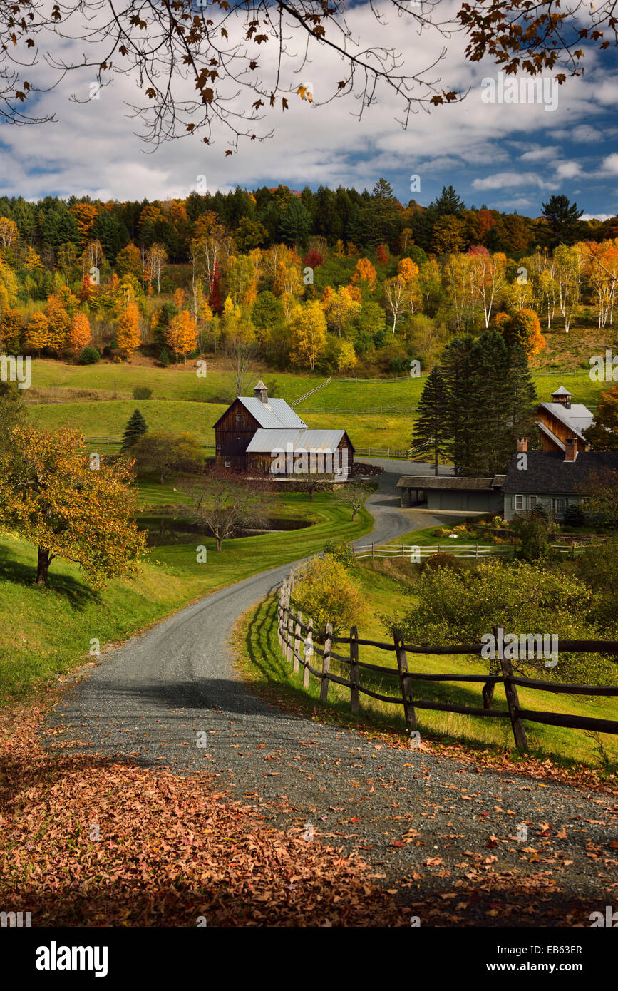 Zufahrt zu Sleepy Hollow Farm auf cloudland Straße Woodstock, Vermont usa mit Bäumen im bunten Herbst Laub im Herbst Stockfoto