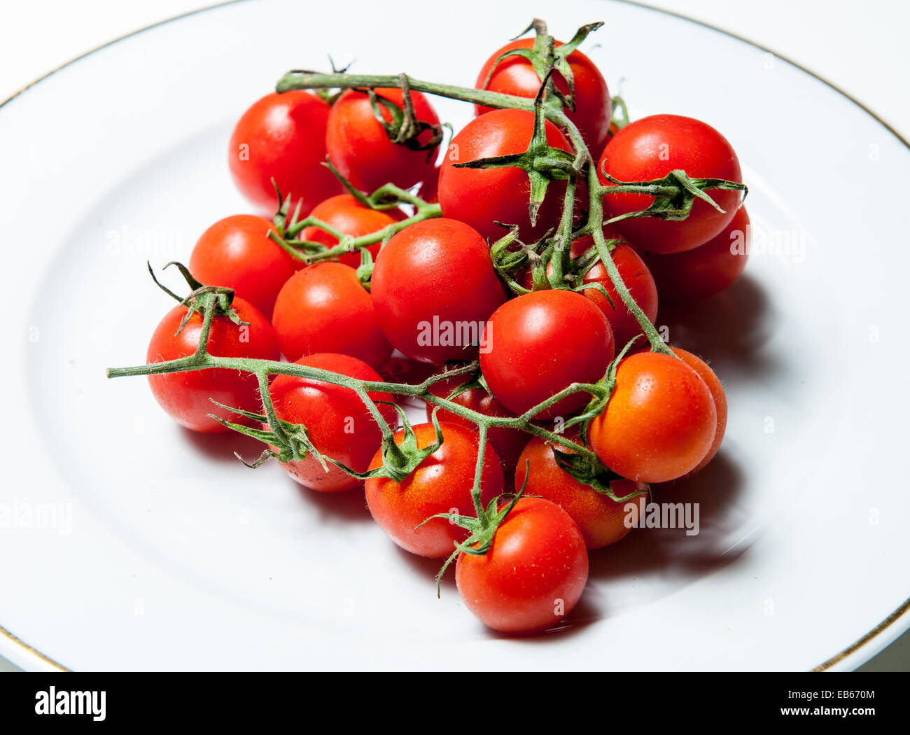 Rohe Tomaten Pachino-Klasse auf einem weißen Teller mit weißem Hintergrund Stockfoto