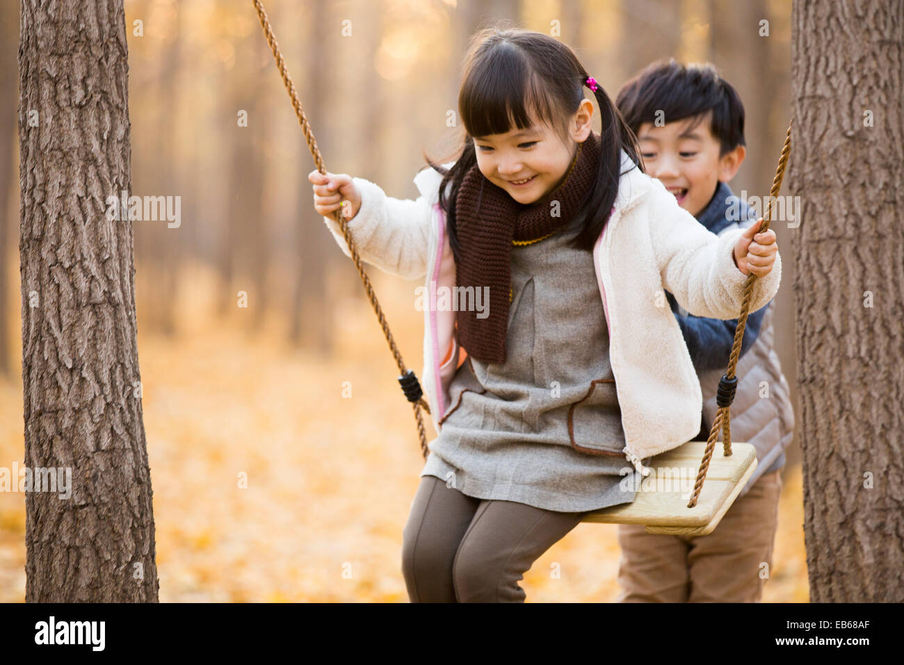 Kleiner Junge Drängen seiner Schwester auf einer Schaukel im herbstlichen Wälder Stockfoto