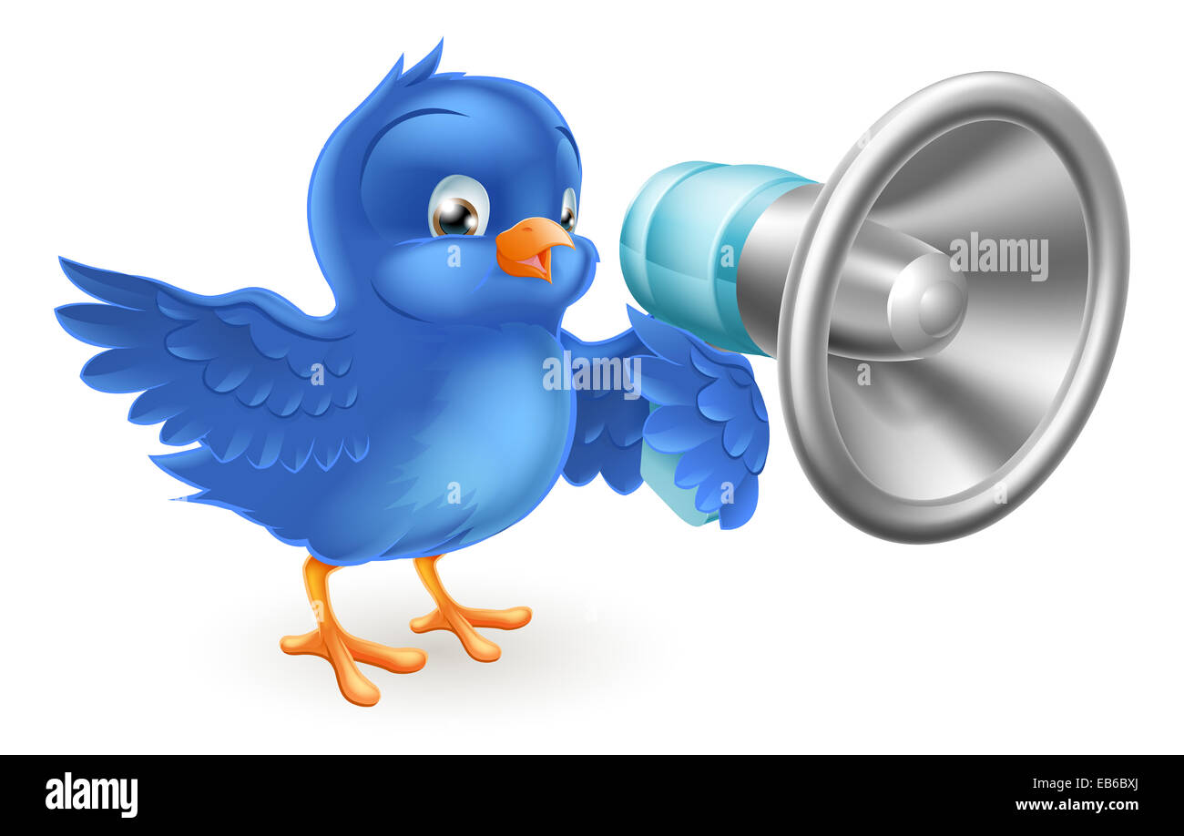 Einen niedlichen Cartoon Bluebird blauen Vogel mit einem Mega-Telefon Stockfoto