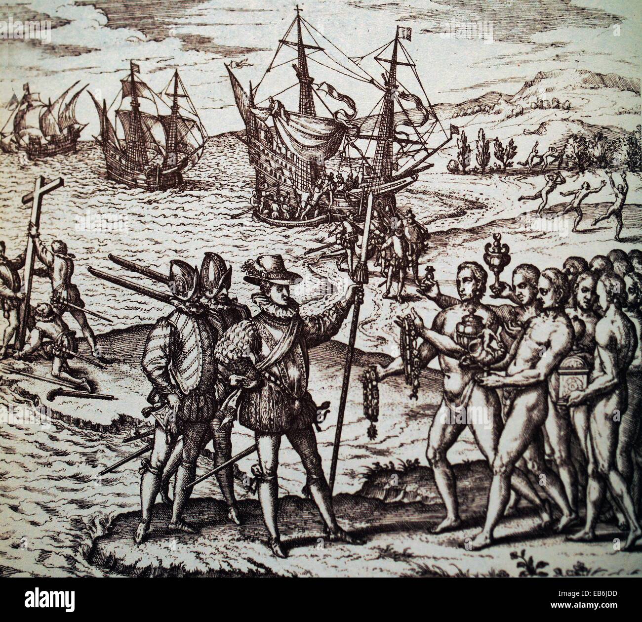 Christopher Columbus Nach Amerika Kommen Und Erhalten Geschenke Von Den Eingeborenen 1492 Stockfotografie Alamy