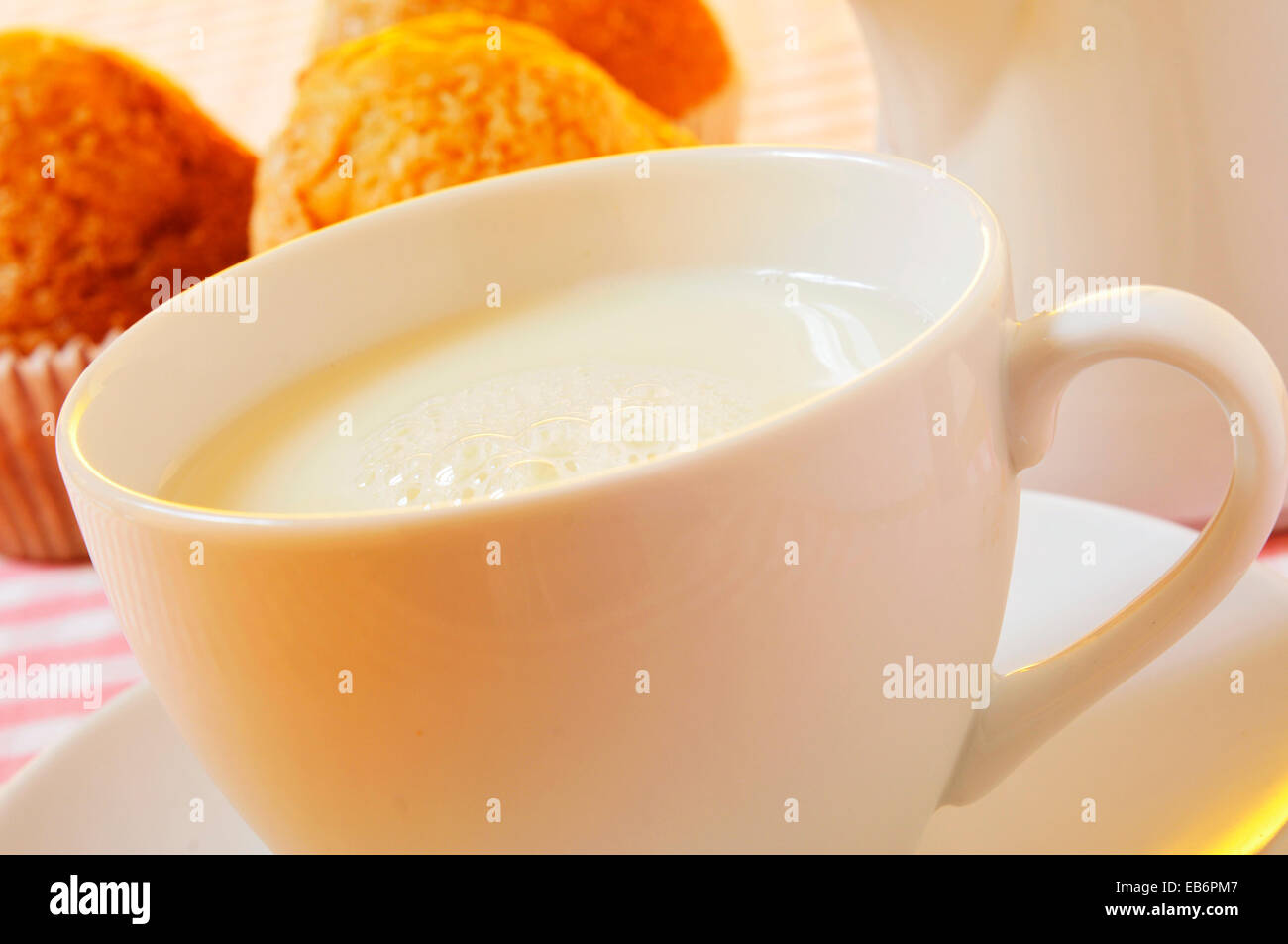 Nahaufnahme einer Tasse Milch und ein Milchtopf mit einigen einfachen Muffins auf einem gedeckten Tisch Stockfoto