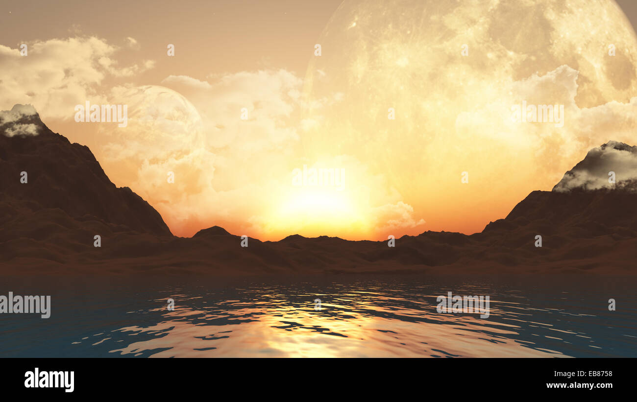 3D-Landschaft fiktiven Planeten und den Ozean Stockfoto