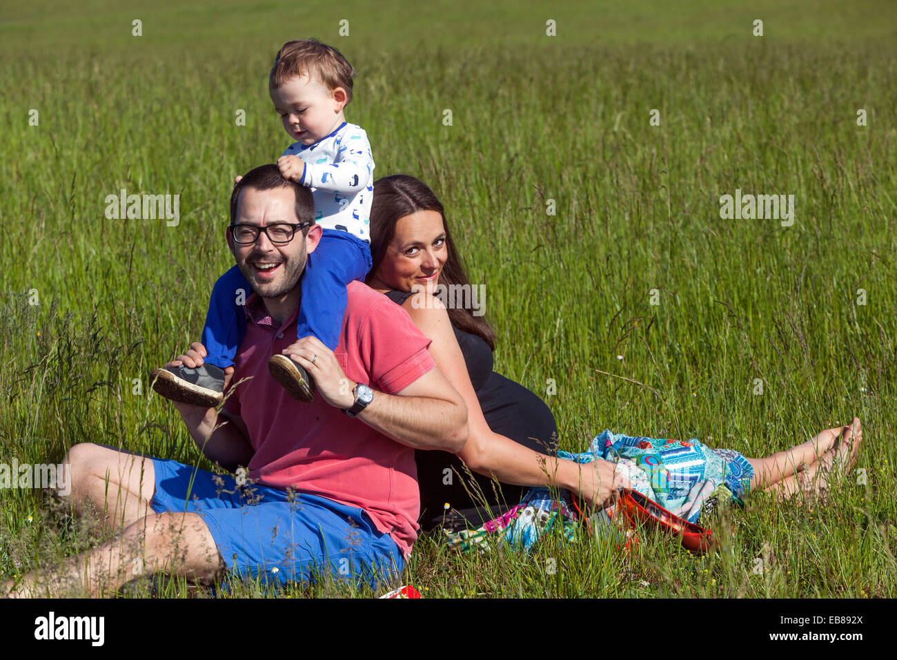 Eine glückliche Familie, eine schwangere Frau mit ihrem Mann und kleiner Junge Zeit miteinander verbringen und spielen in einer Sommerwiese Stockfoto