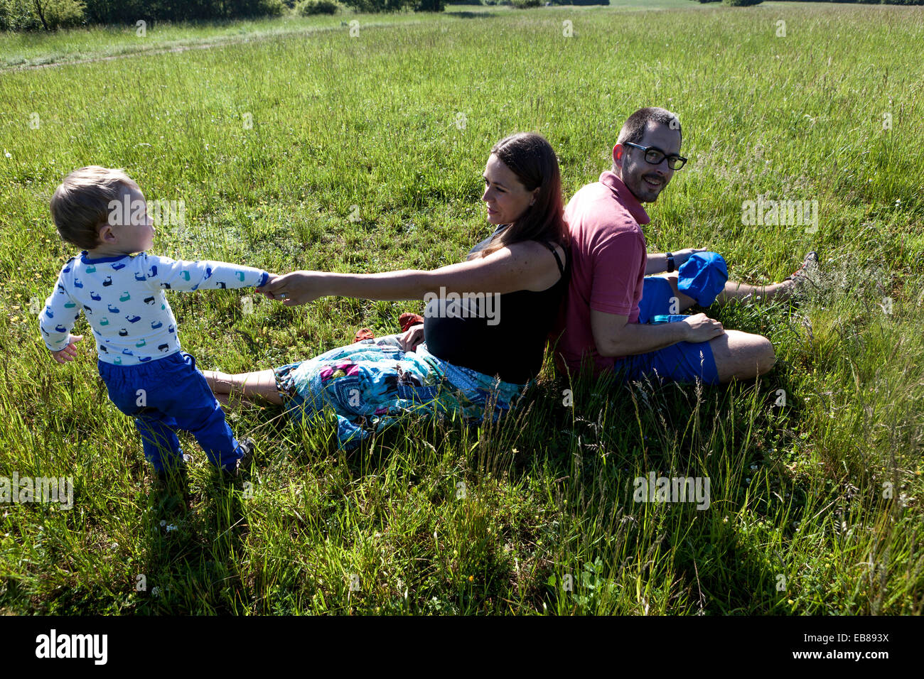 Eine glückliche Familie, eine schwangere Frau mit ihrem Mann und kleiner Junge Zeit miteinander verbringen und spielen in einer Sommerwiese Stockfoto