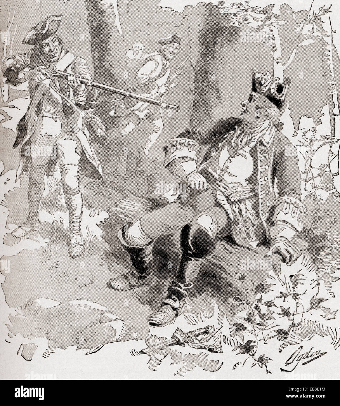 Die Erschießung von Dieskau an der Schlacht von Lake George, 8. September 1755, während französischer und Inder-Krieg. Stockfoto