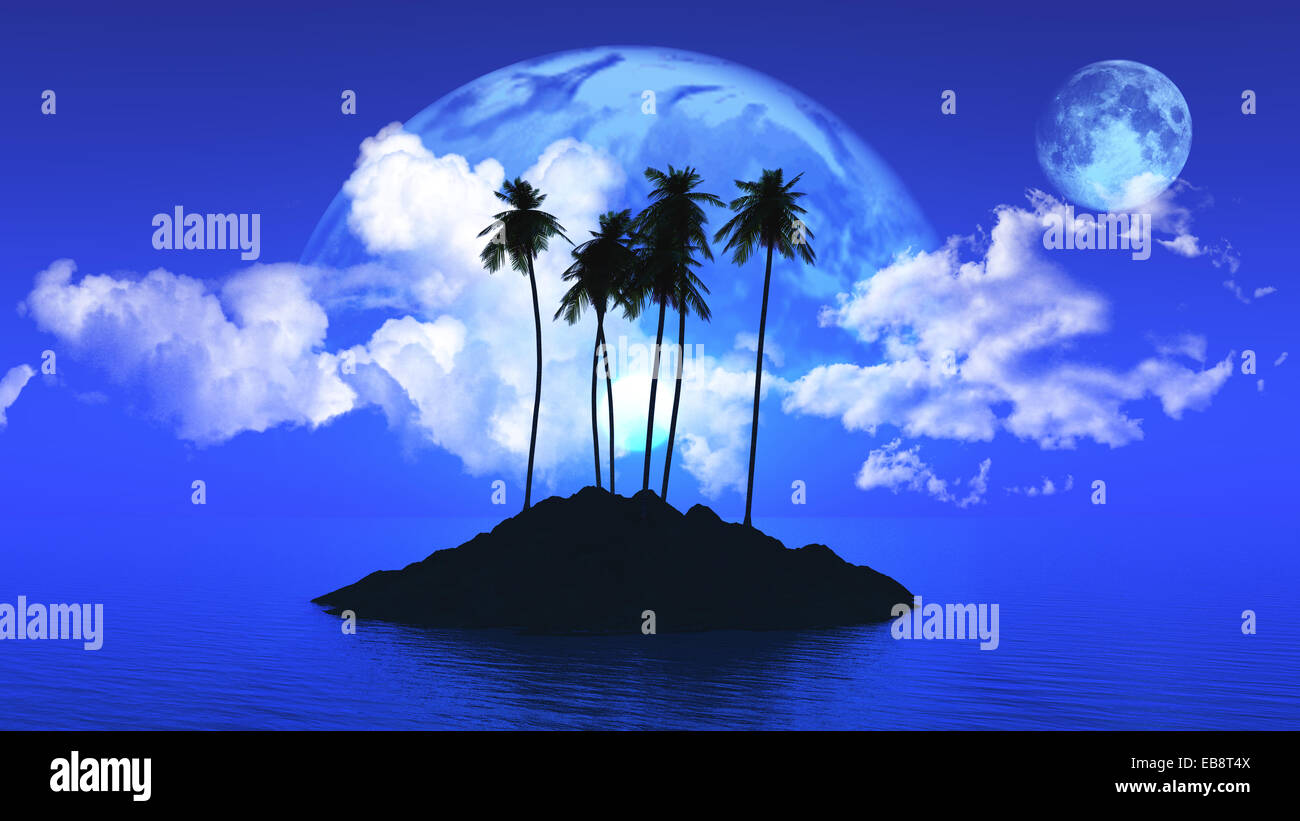 3D Rendern von ein Palm Tree Island mit Planeten und Wolken Stockfoto