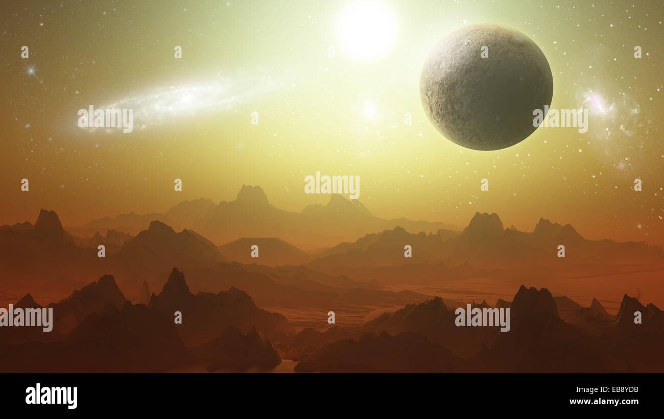 3D-Raum Hintergrund einen Planetry-Gelände mit fiktiven Planeten am Himmel Stockfoto