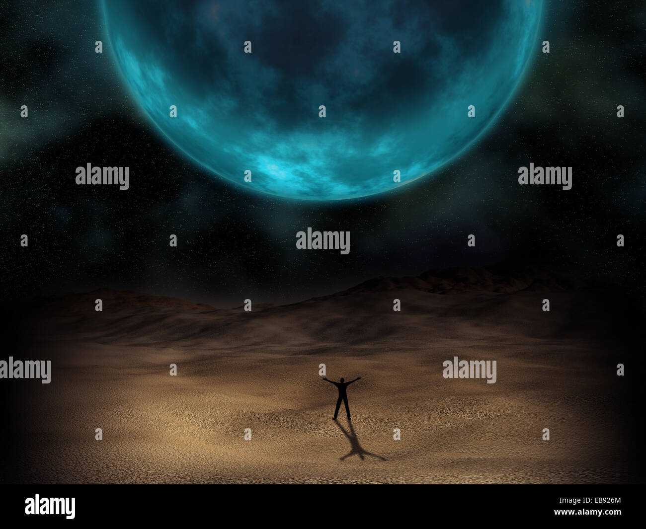 Silhouette eines Mannes stand unter einem surrealen Planeten Stockfoto