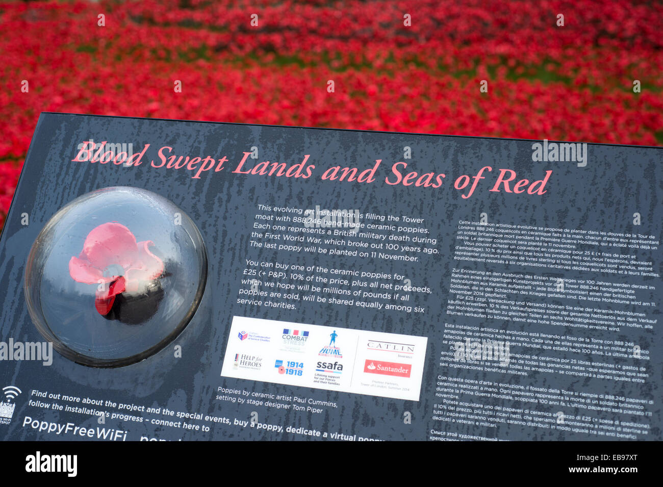 Keramik Mohn an der Blut Mehrfrequenzdarstellung Länder und Meere von Red Installation an der Tower of London, England, UK Stockfoto