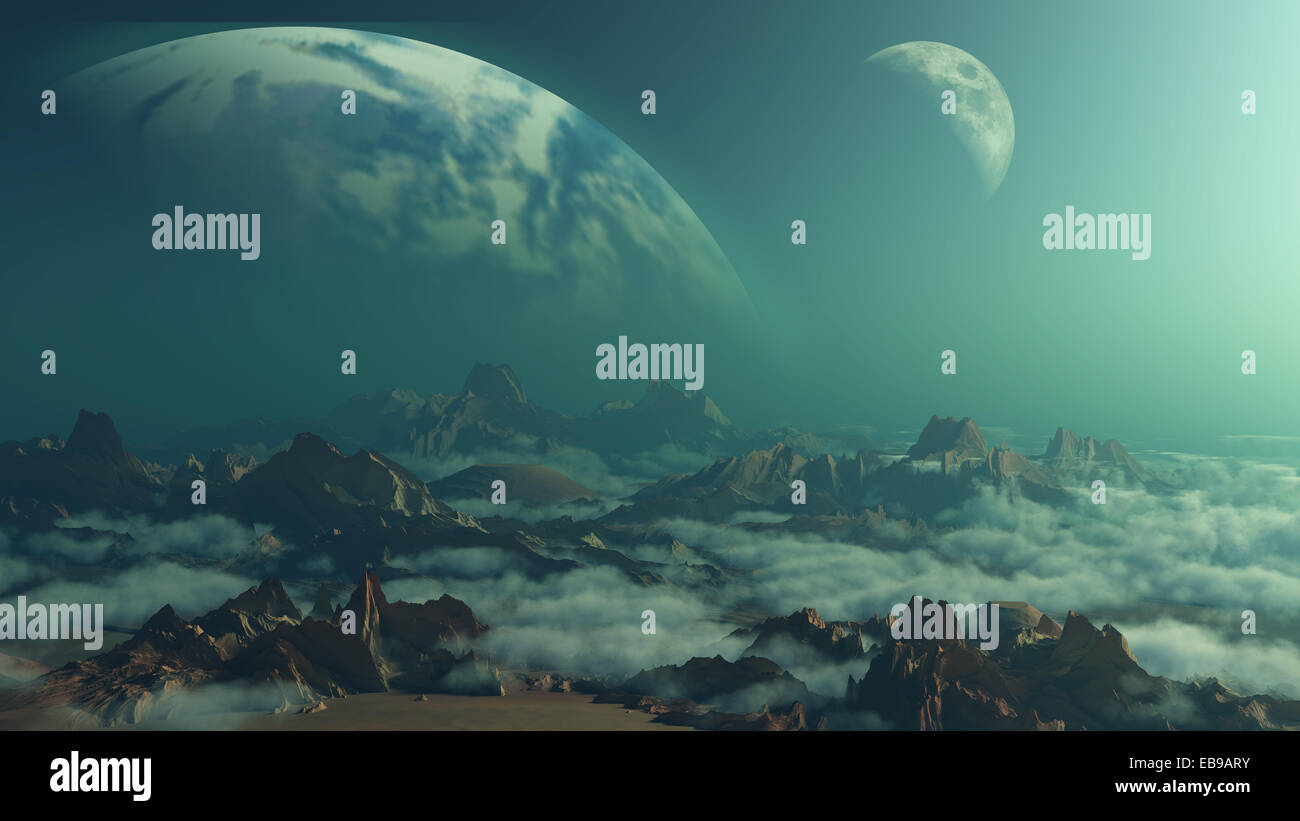 3D-Raum Hintergrund mit Gelände und fiktiven Planeten Stockfoto