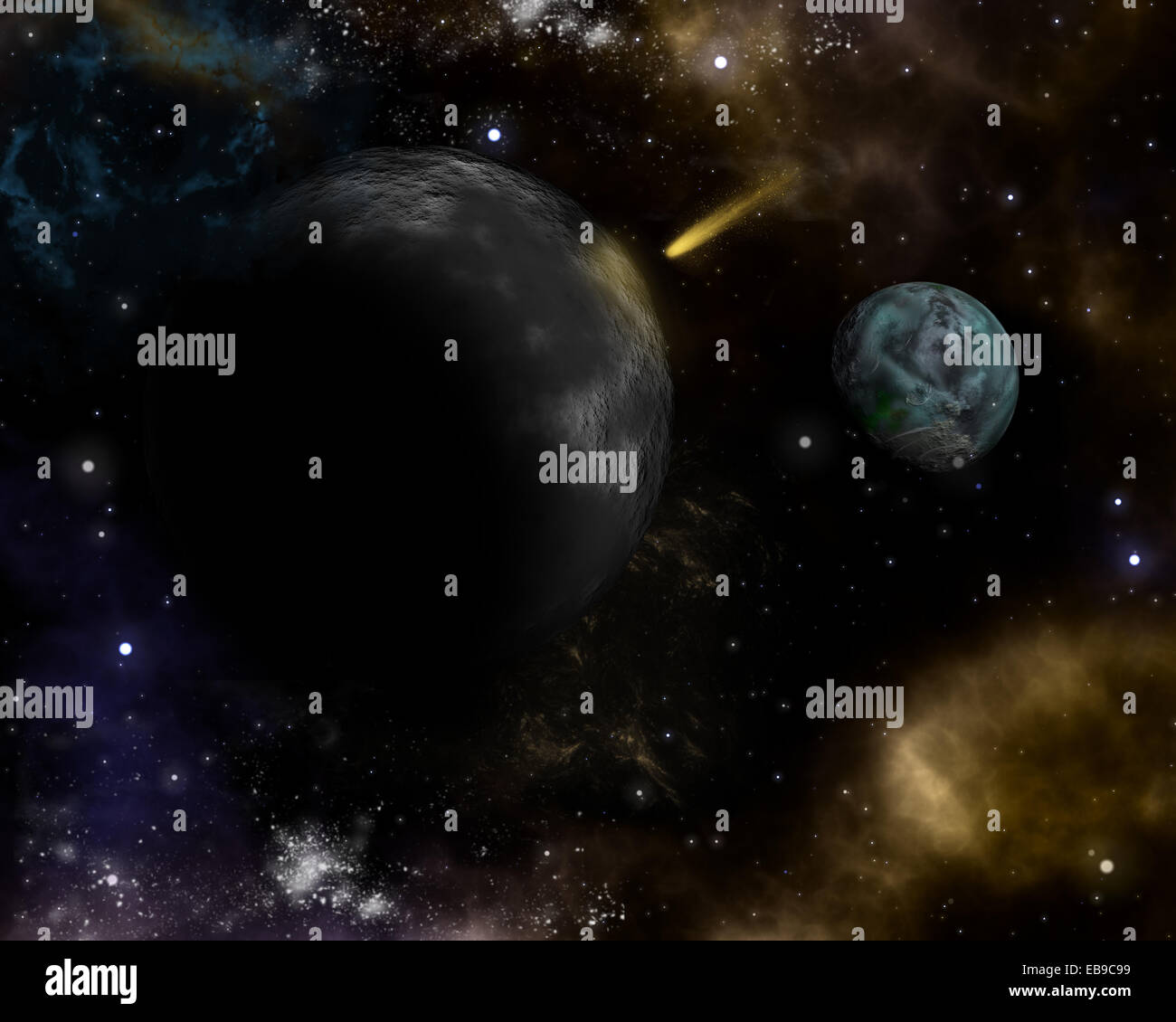 3D-Raum Hintergrund mit fiktiven Planeten und Shooting star Stockfoto