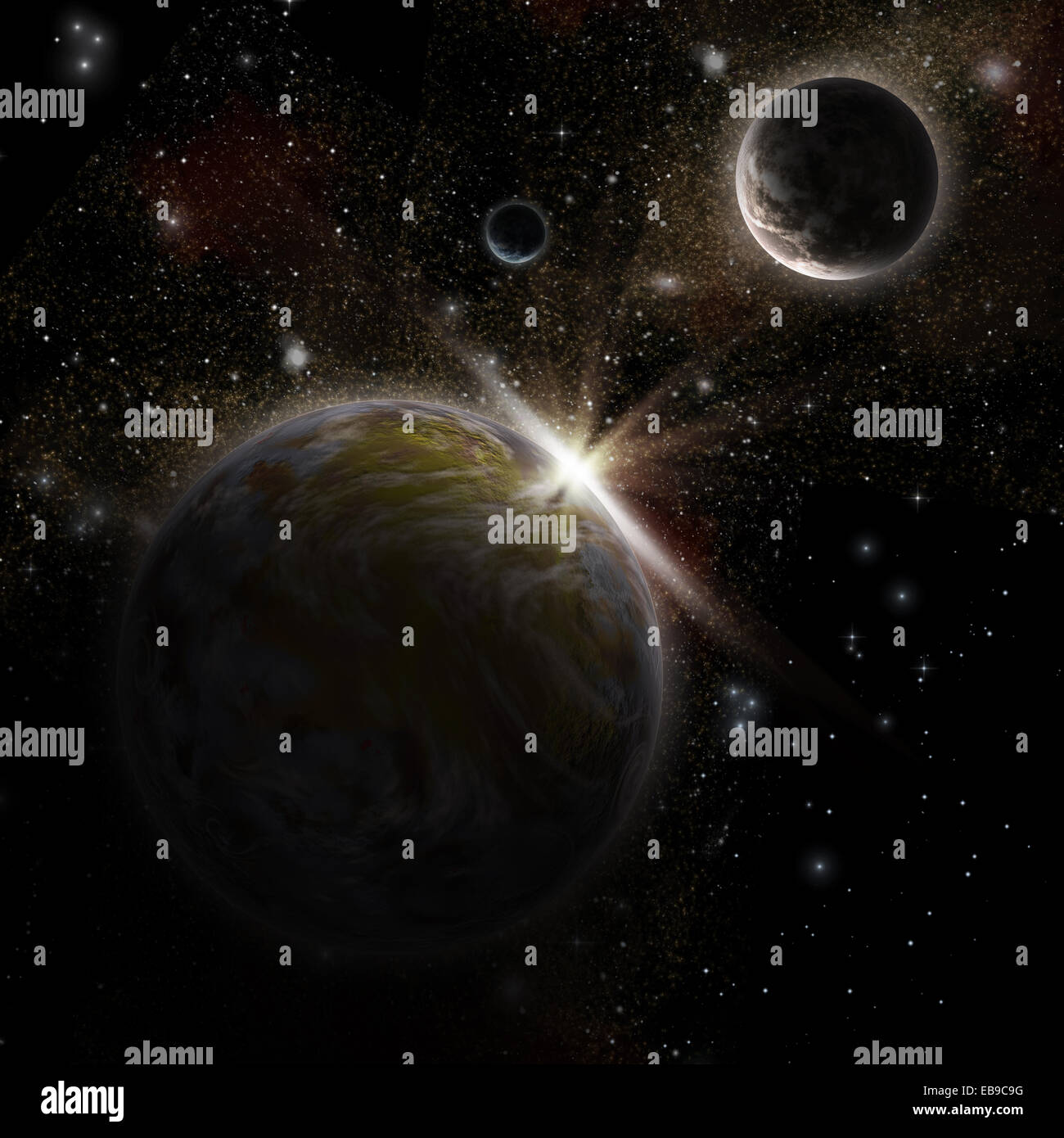 3D-Raum Hintergrund mit fiktiven Planeten Stockfoto