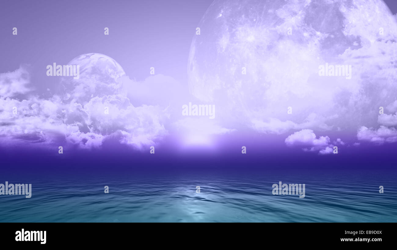 3D Hintergrund mit fiktiven Planeten über dem Ozean Stockfoto