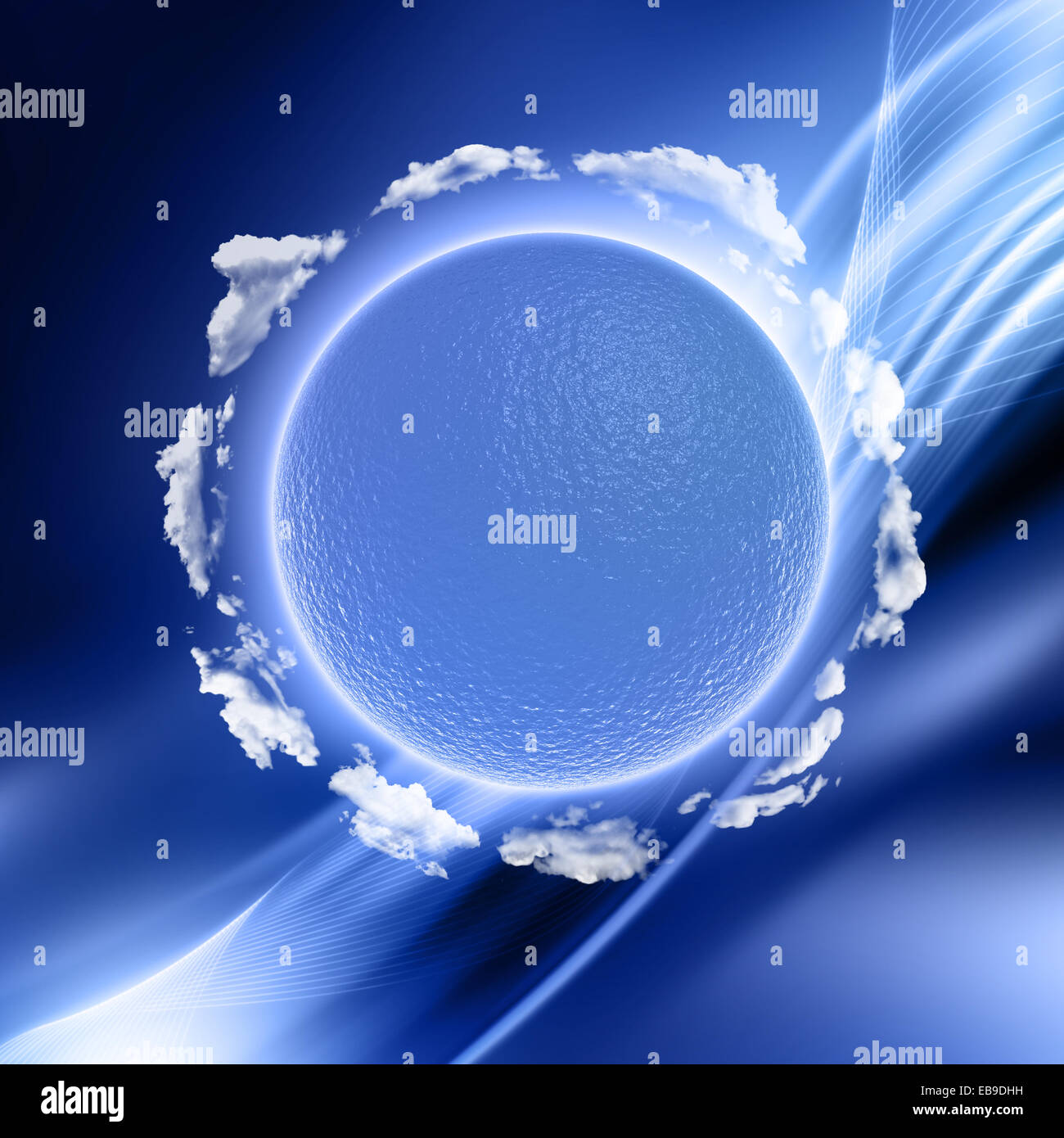 3D Rendern eines Globus des Meeres umgeben von flauschigen weißen Wolken vor einem abstrakten Hintergrund Stockfoto