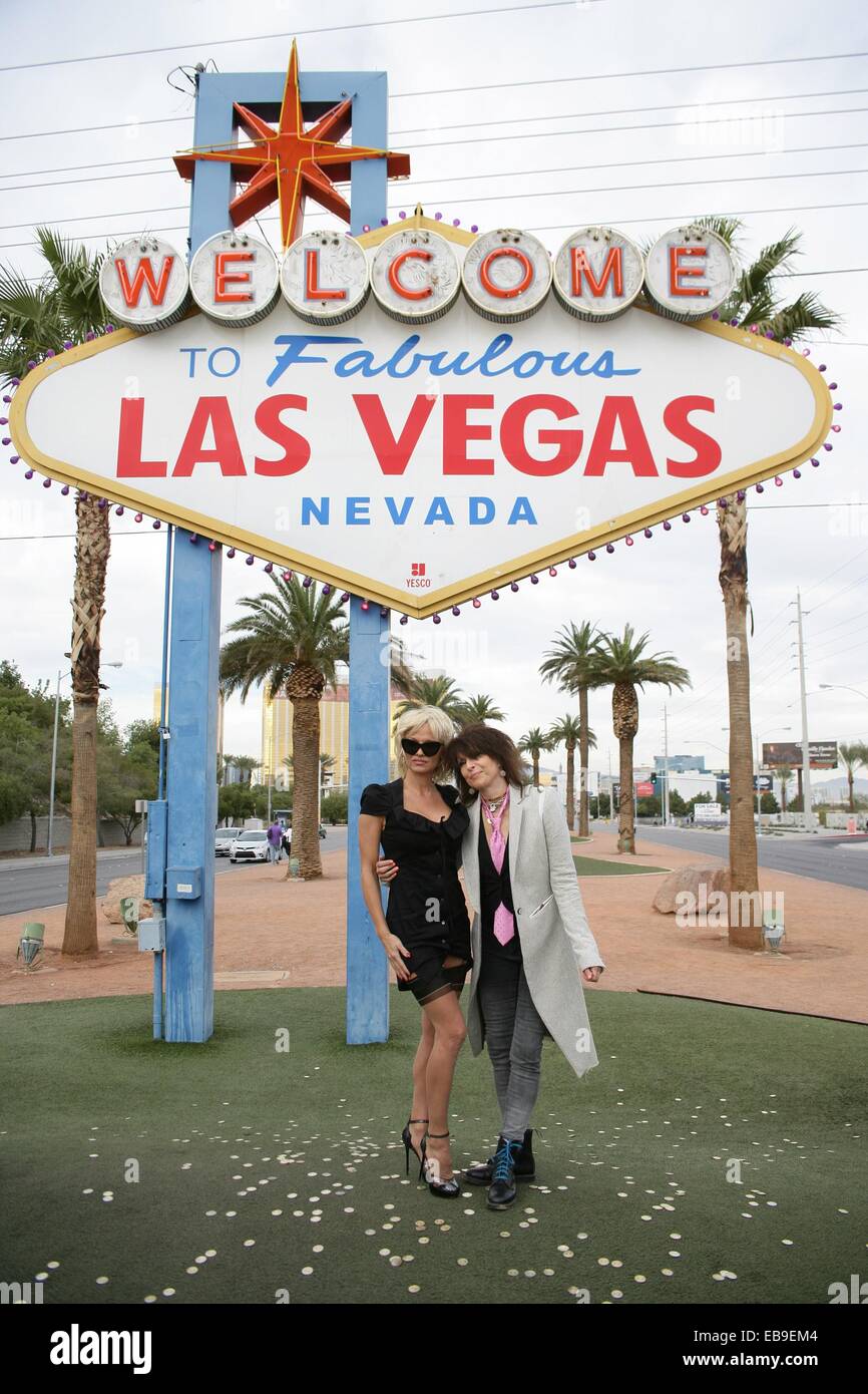 Las Vegas, NV, USA. 27. November 2014. Pamela Anderson, Chrissie Hynde in Anwesenheit für Gay Hochzeit von PETA Dan Mathews und Jack Ryan, Fabulous Las Vegas Sign, Las Vegas, NV 27. November 2014 willkommen. Bildnachweis: James Atoa/Everett Collection/Alamy Live-Nachrichten Stockfoto