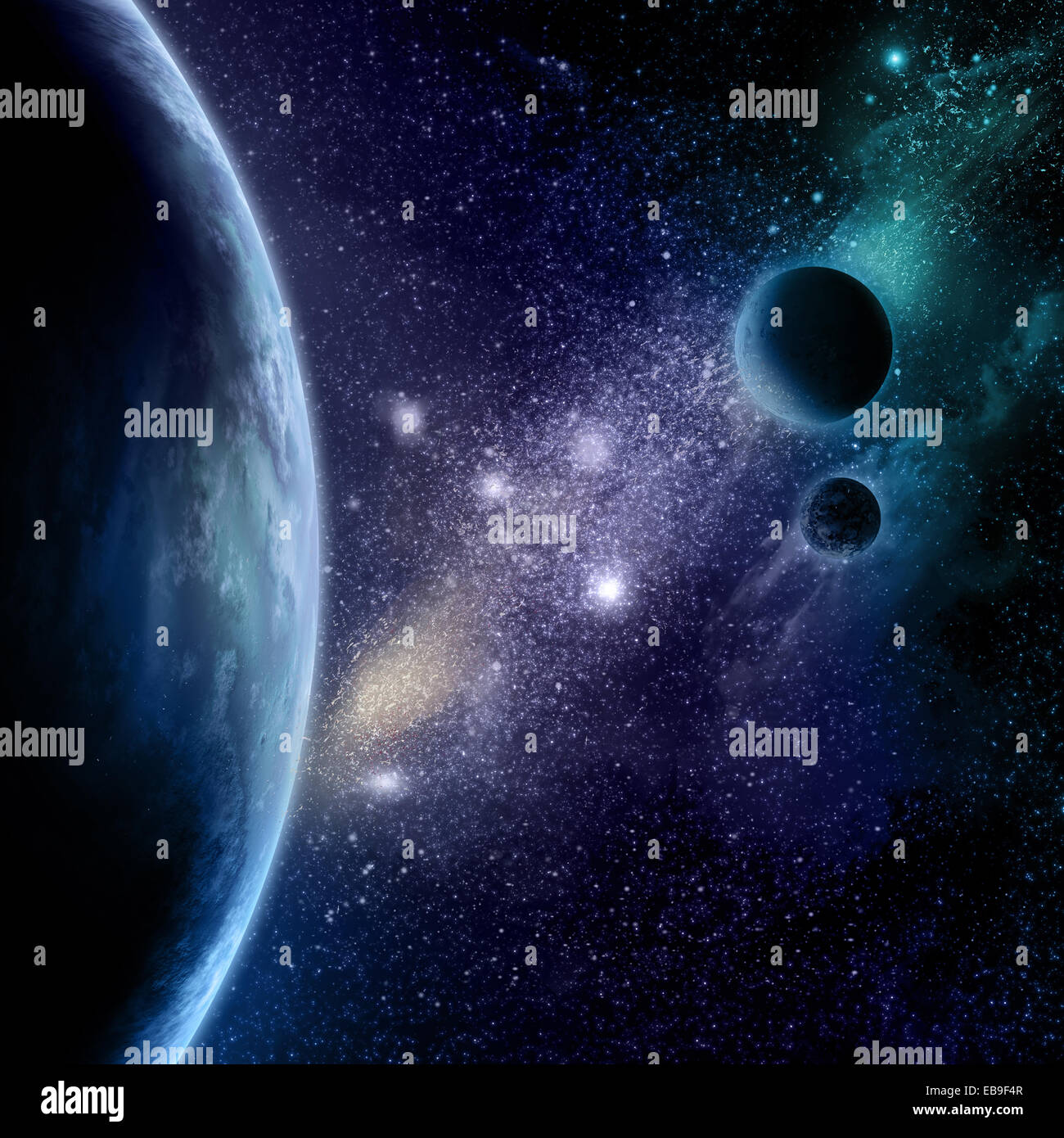 Abstrakten Raum Hintergrund mit Sternen, Starfield und fiktiven Planeten Stockfoto
