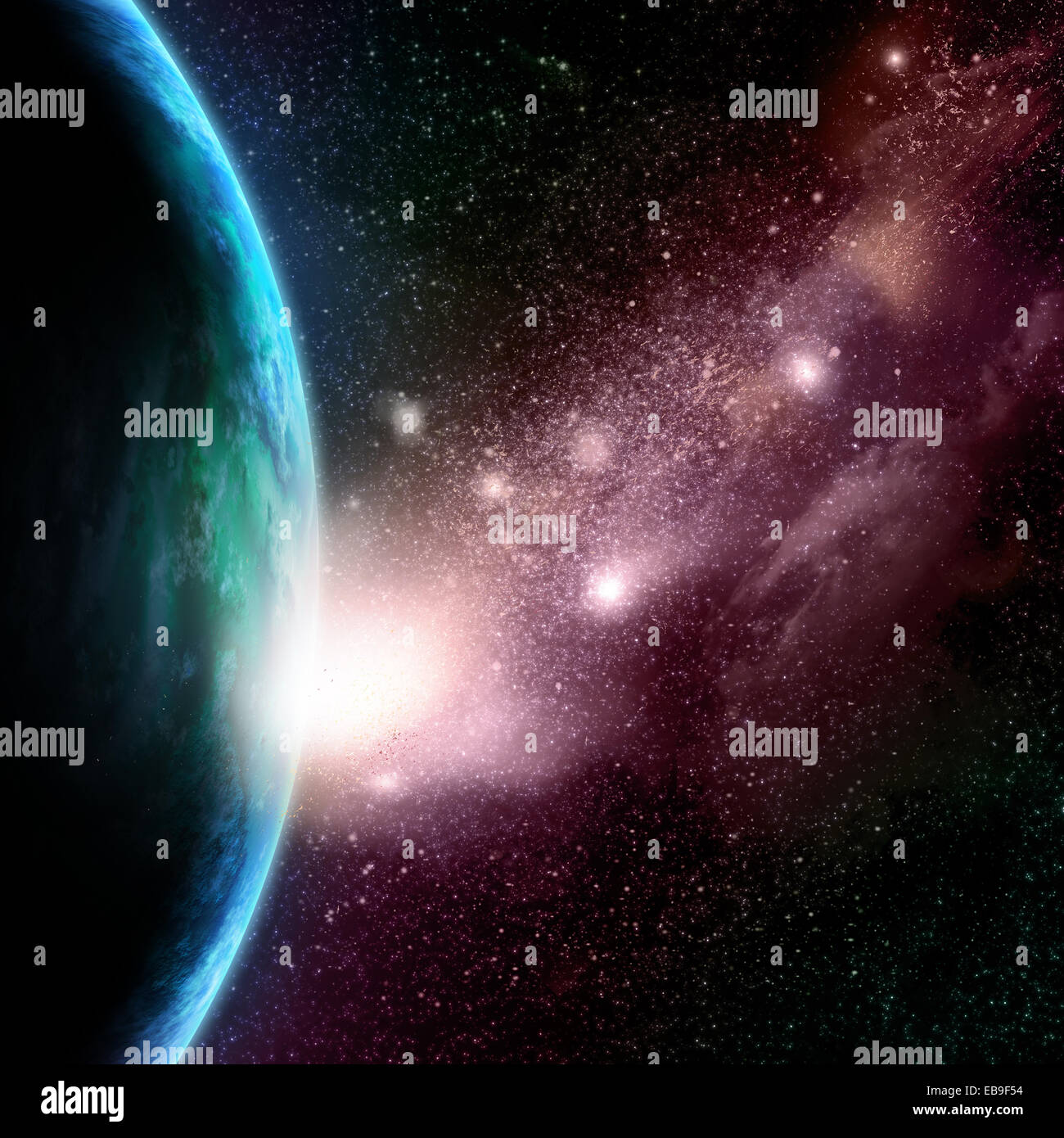 Abstrakten Raum Hintergrund mit Sternen, Starfield und fiktiven Planeten Stockfoto