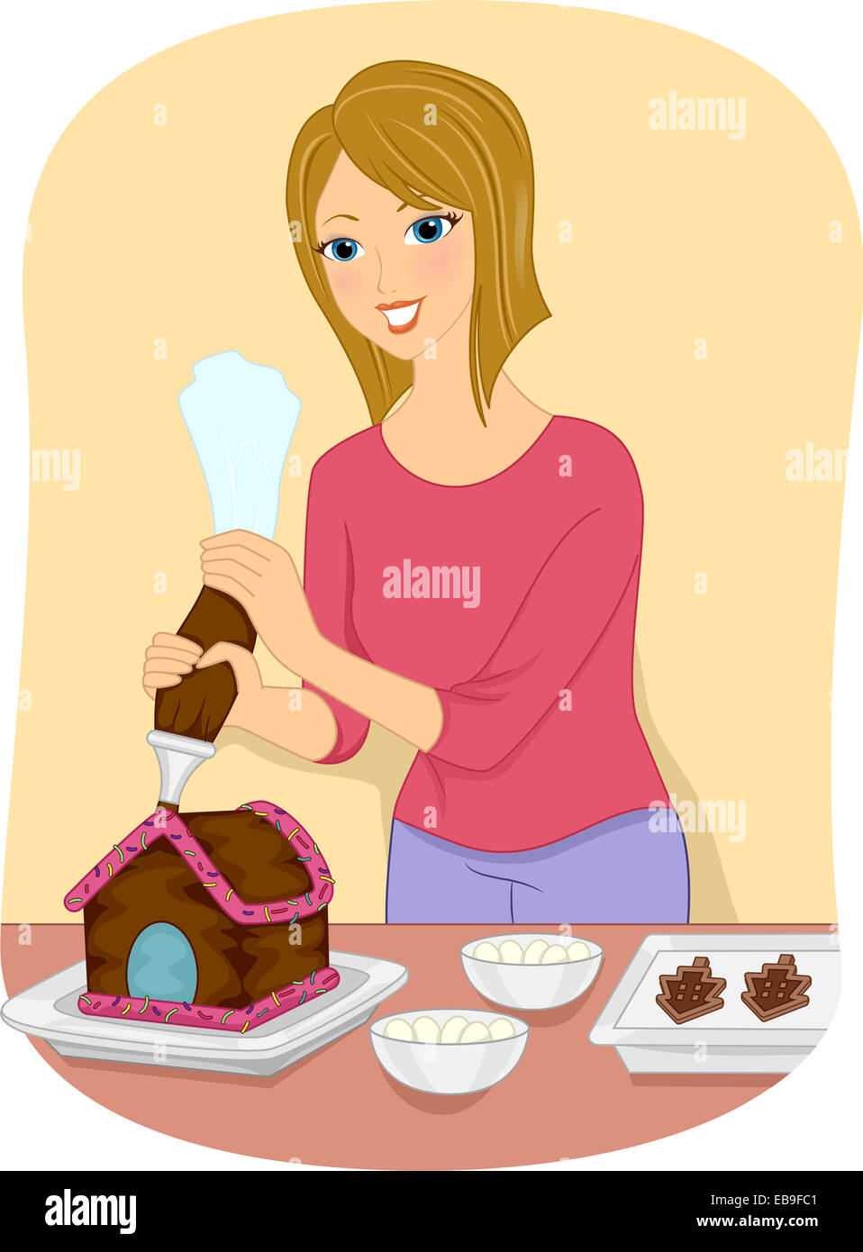 Abbildung mit einem Mädchen ein Lebkuchenhaus Dekoration Stockfoto