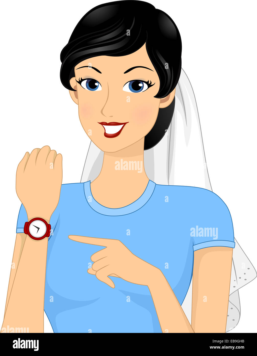 Abbildung mit einer Braut zeigt auf ihre Armbanduhr Stockfoto
