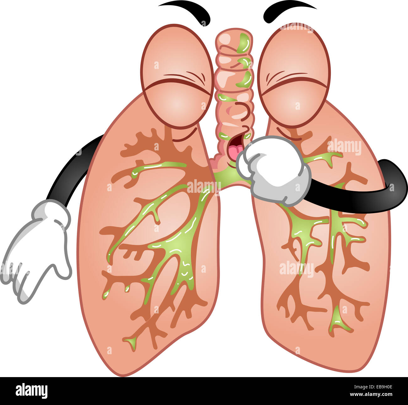 Maskottchen Abbildung mit ein paar der Lungen, die versuchen, aus Schleim Husten Stockfoto
