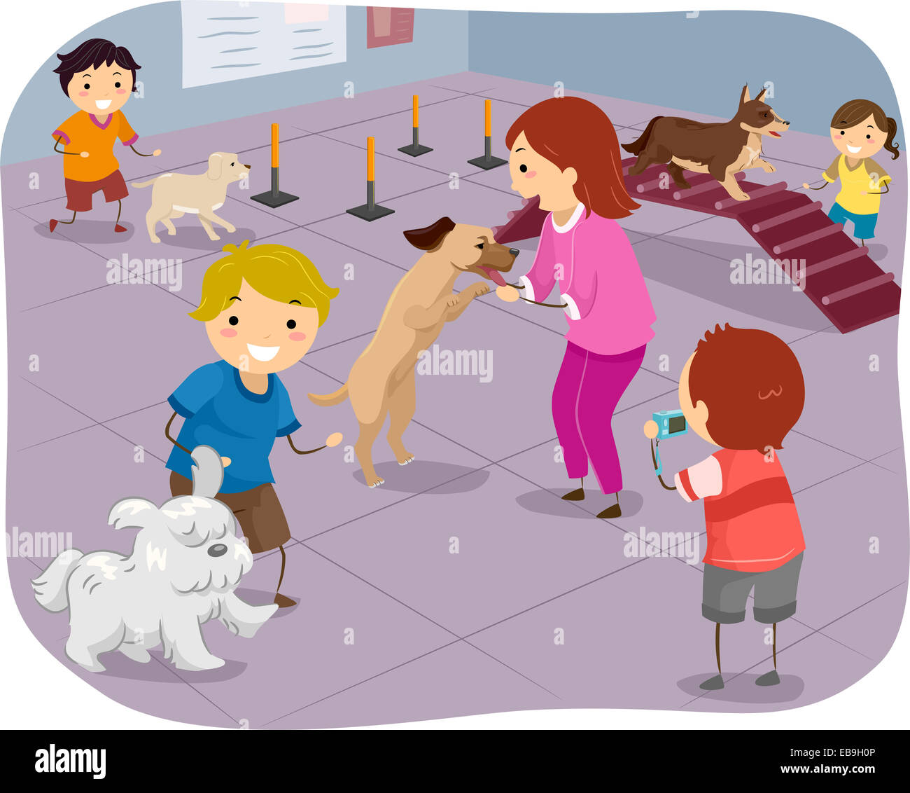 Abbildung mit einer Gruppe von Kindern, die Ausbildung ihrer Hunde Agility-Tests durchführen Stockfoto
