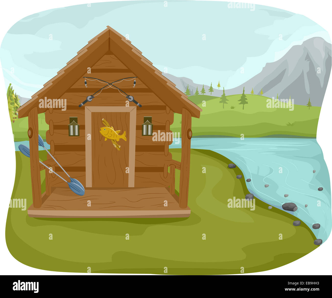 Abbildung mit einer Fischerei-Kabine in der Nähe von einem See Stockfoto