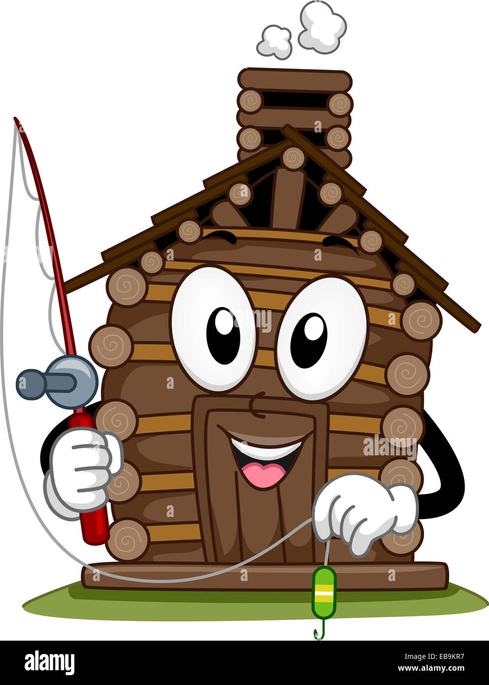 Maskottchen Abbildung mit einer Kabine mit einer Angelrute Stockfoto