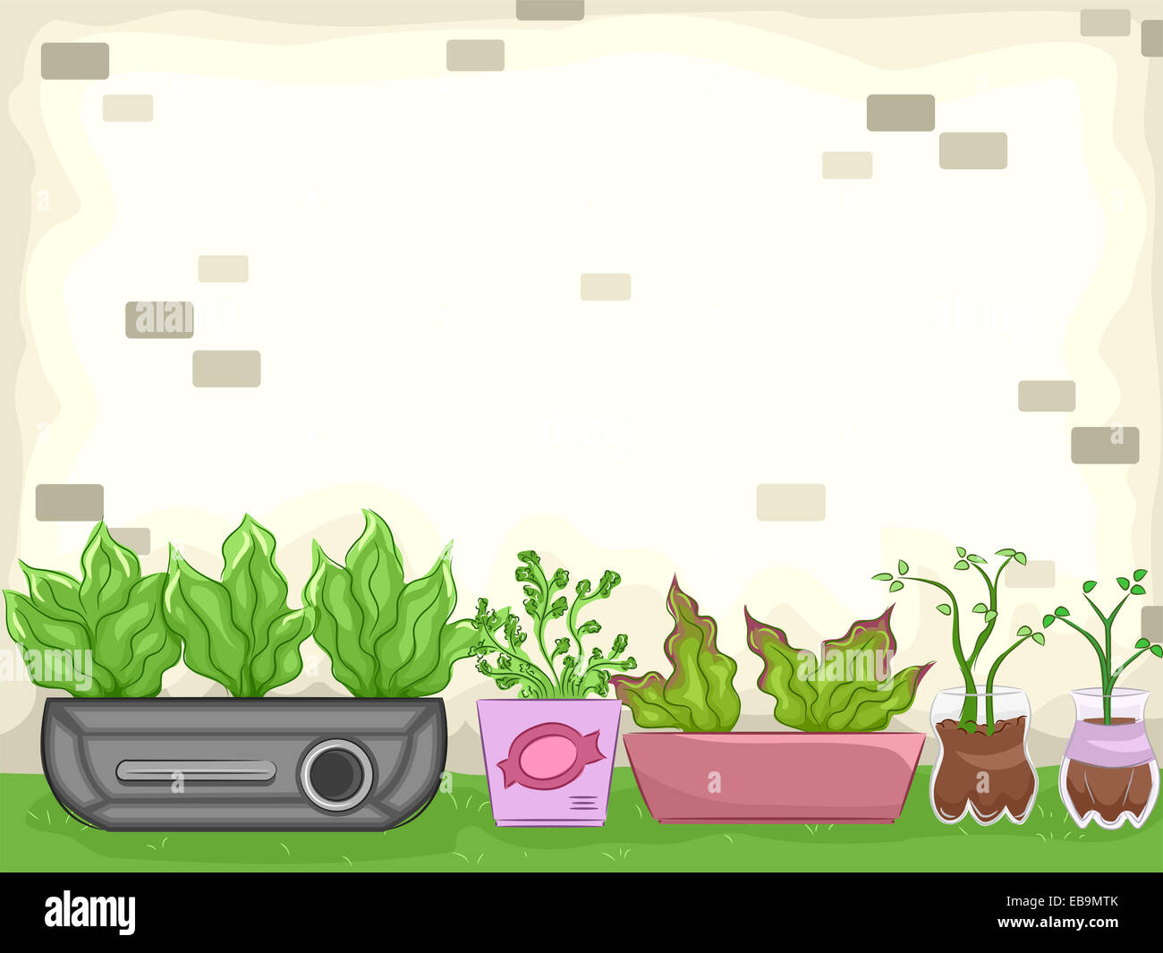 Abbildung mit Pflanzen im Recycling Container Stockfoto