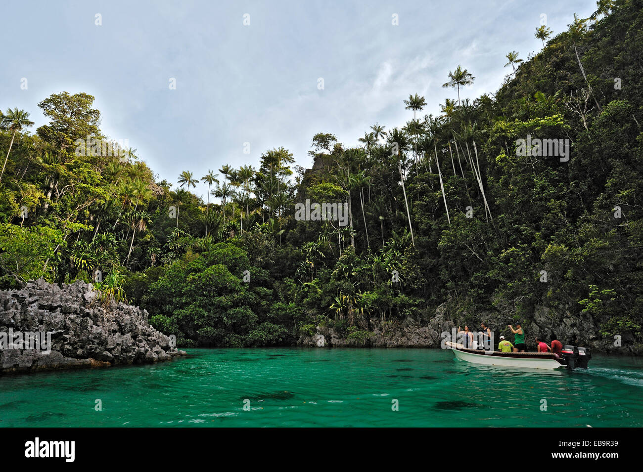 Touristen in einem Schlauchboot, Pazifik, Raja Ampat, West Papua, Indonesien Stockfoto